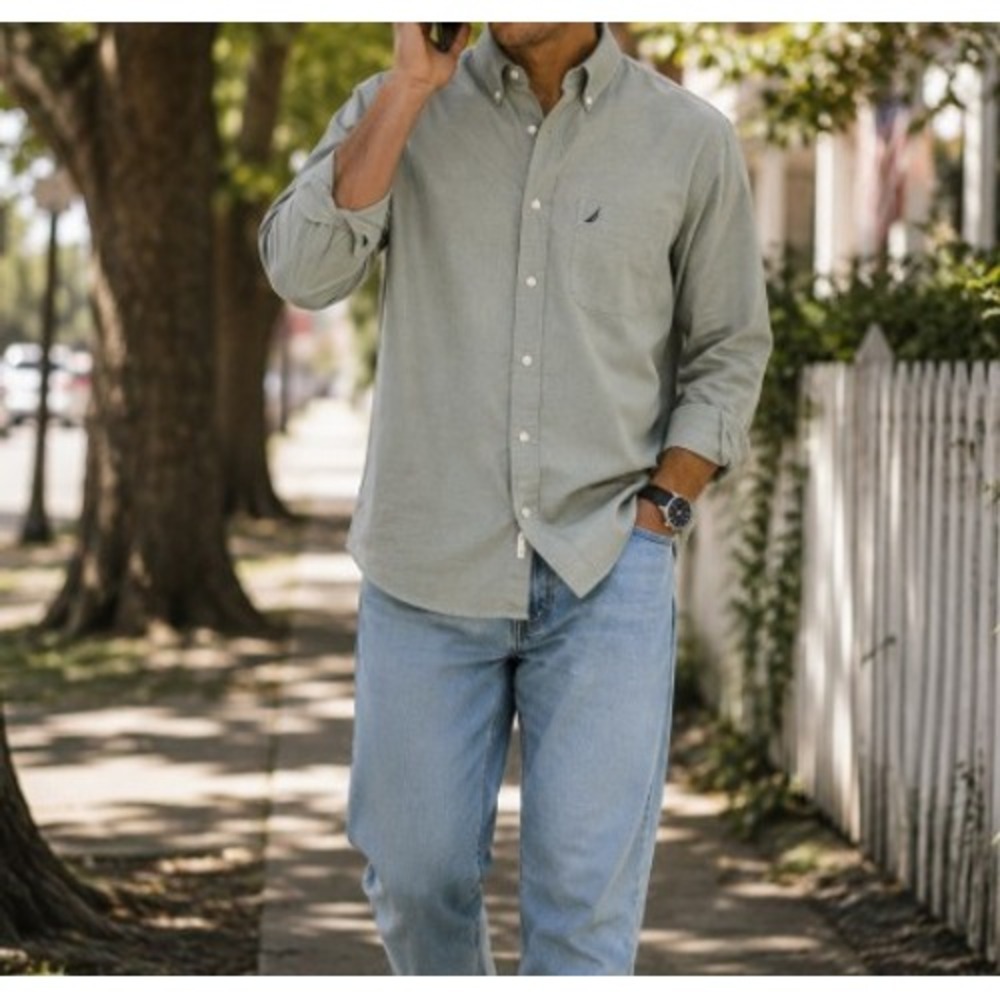 Nautica Vintage Oxford Mens 17 34/35 Sage Green Cotton Button Down Shirt